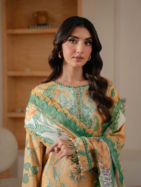 Jade Lumia Prints 2025 – JLP-09 | Digital Printed Lawn Suit (Yellow Orange)